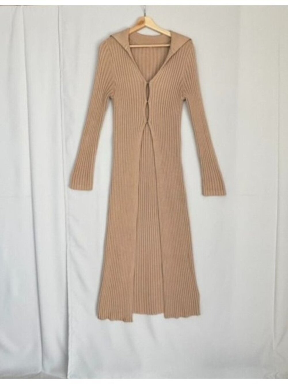 90s Vintage Tan‎ Cotton Ribbed Knit Sailor Collar Hook & Eye Maxi Cardigan Large